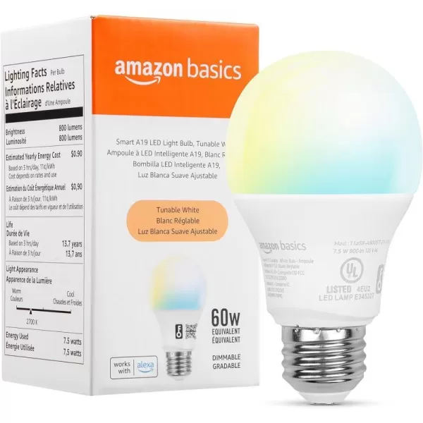 Amazon Basics  Smart A19 LED Light Bulb 24 GHz WiFi 75W Equivalent to 60W 800LM Works with Alexa Only 1Pack Certified for Humans MulticolorTunable White 1 Pack