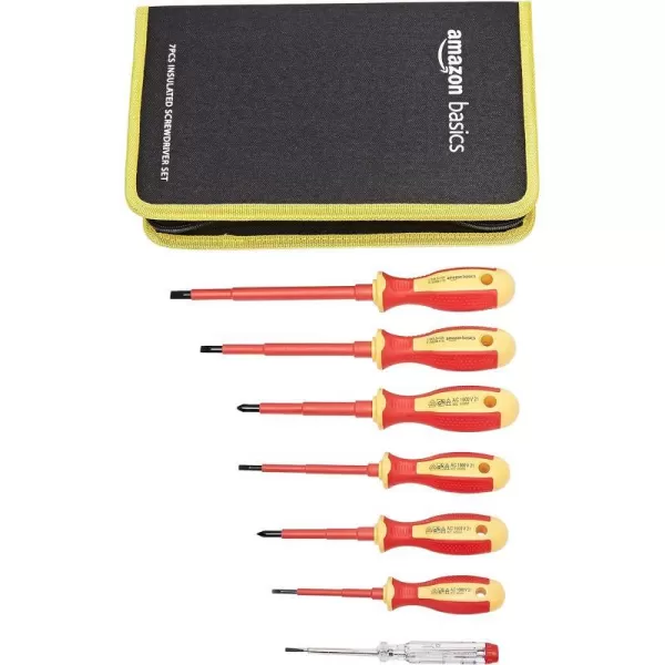 Amazon Basics 1000 Volt VDE Insulated 7Piece Screwdriver Set including 1 Voltage Tester Red amp Yellow 1175 x 75 x 175 inches LxWxH7Piece