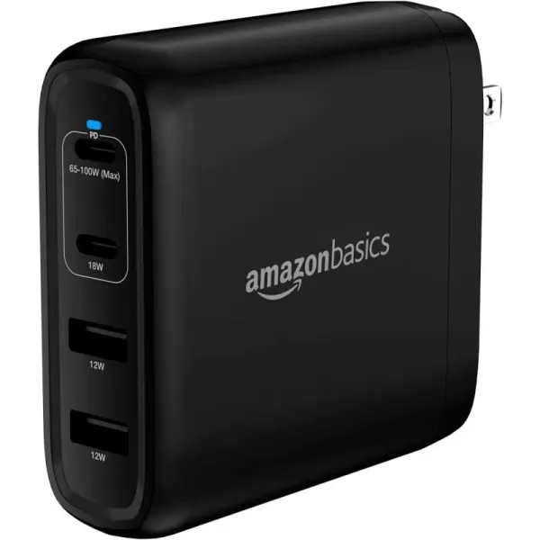 Amazon Basics 100W FourPort GaN Wall Charger with 2 USBC 100W 18W amp 2 USBA Ports 12W with PD for Laptops Tablets amp Phones iPhone 1514131211XiPadMacPro Samsung amp more nonPPS WhiteBlack 100W 2 USBC  2 USBA