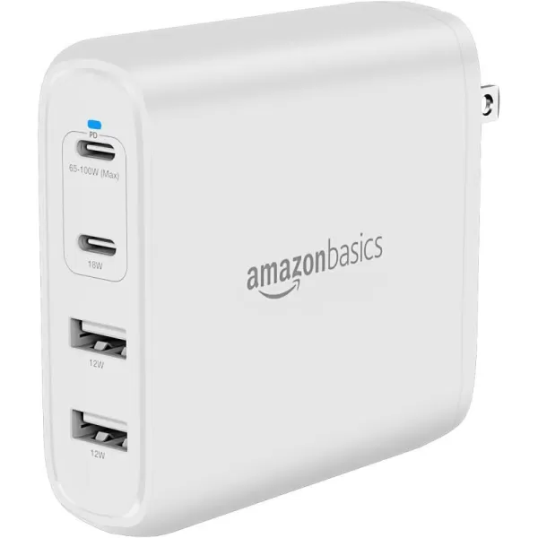 Amazon Basics 100W FourPort GaN Wall Charger with 2 USBC 100W 18W amp 2 USBA Ports 12W with PD for Laptops Tablets amp Phones iPhone 1514131211XiPadMacPro Samsung amp more nonPPS WhiteWhite 100W 2 USBC  2 USBA