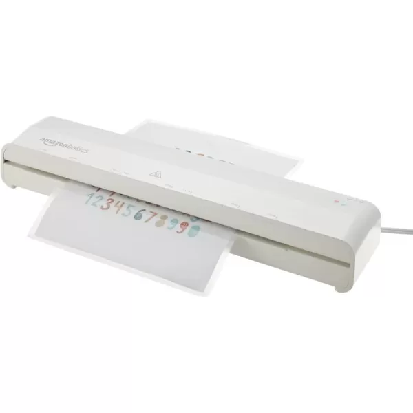 Amazon Basics 12Inch Thermal Laminator Machine with Rapid WarmUp 1 min 20 Assorted Laminating Pouches Included White12Inch