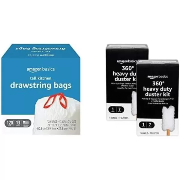 Amazon Basics 13 gallon Kitchen Drawstring Trash bags 12 ct 360 Heavy Duty Duster Kit 7 Dusters  1 Handle Pack of 2Amazon Basics 13 gallon Kitchen Drawstring Trash bags 12 ct 360 Heavy Duty Duster Kit 7 Dusters  1 Handle Pack of 2