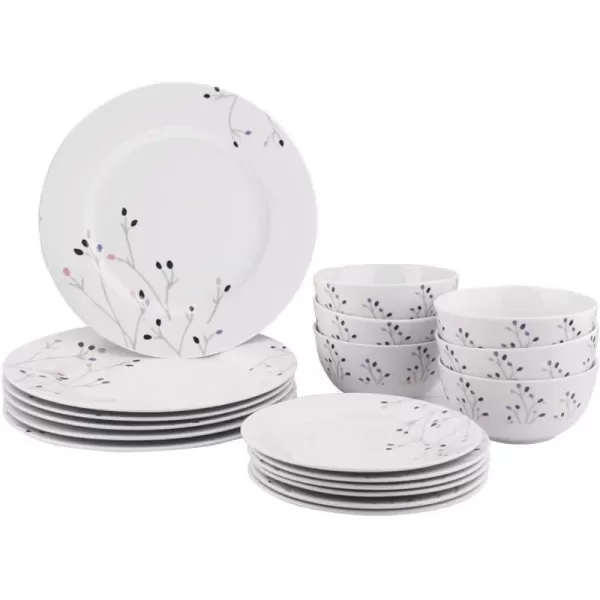 Amazon Basics 18Piece Kitchen Dinnerware Set Plates Dishes Bowls Service for 6 White Porcelain CoupeBranches