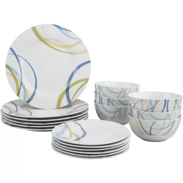 Amazon Basics 18Piece Kitchen Dinnerware Set Plates Dishes Bowls Service for 6 White Porcelain CoupeCool Ribbons