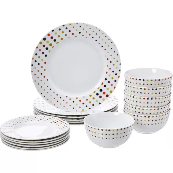 Amazon Basics 18Piece Kitchen Dinnerware Set Plates Dishes Bowls Service for 6 White Porcelain CoupeDots