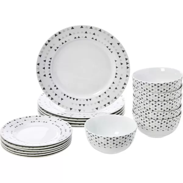 Amazon Basics 18Piece Kitchen Dinnerware Set Plates Dishes Bowls Service for 6 White Porcelain CoupeTriangle Accent