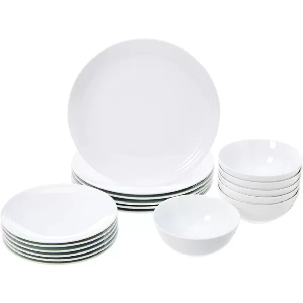 Amazon Basics 18Piece Kitchen Dinnerware Set Plates Dishes Bowls Service for 6 White Porcelain CoupeWhite Embossed