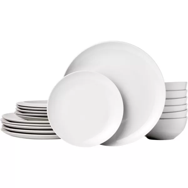 Amazon Basics 18Piece Kitchen Dinnerware Set Plates Dishes Bowls Service for 6 White Porcelain CoupeWhite Porcelain Coupe