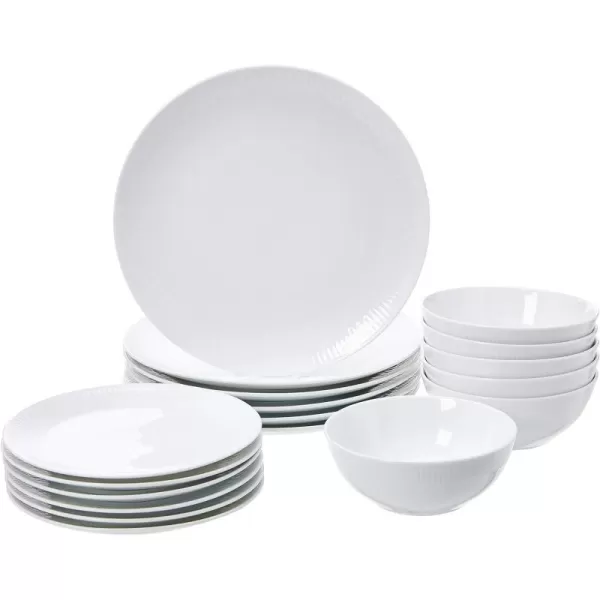 Amazon Basics 18Piece Kitchen Dinnerware Set Plates Dishes Bowls Service for 6 White Porcelain CoupeWhite with Trim