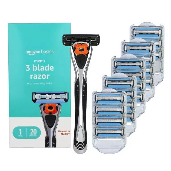 Amazon Basics 3Blade Motion Sphere Razor for Men with Dual Lubrication Handle amp 20 Cartridges Cartridges fit Amazon Basics Razor Handles only 21 Piece Set Black Previously Solimo21 Piece Set