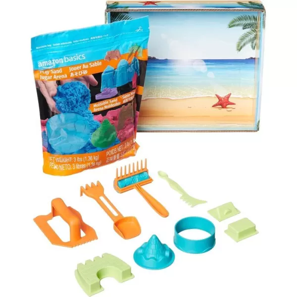 Amazon Basics 3lbs Moldable Sensory Play Sand with Castle Molds and Tool Set for Kids Ages 3 and Up Blue ColorBlue