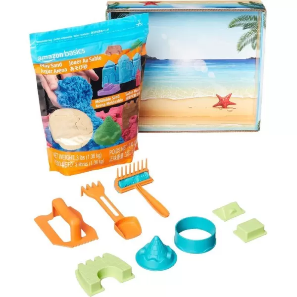 Amazon Basics 3lbs Moldable Sensory Play Sand with Castle Molds and Tool Set for Kids Ages 3 and Up Blue ColorNatural Sand