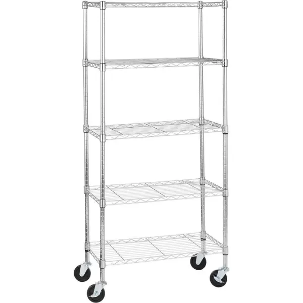 Amazon Basics 5Shelf Medium Adjustable Heavy Duty Storage Shelving Unit on 4 Wheel Casters Metal Organizer Wire Rack Chrome 30 L x 14 W x 648 H5Shelf Medium With Wheels Chrome