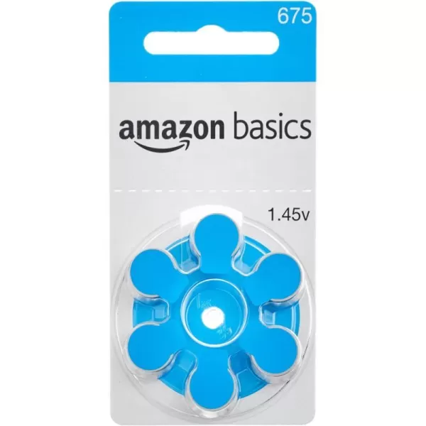 Amazon Basics 60Pack Hearing Aid Size 675 ZincAir Batteries 145 Volt Blue Tab 4Year Shelf LifeSize 675