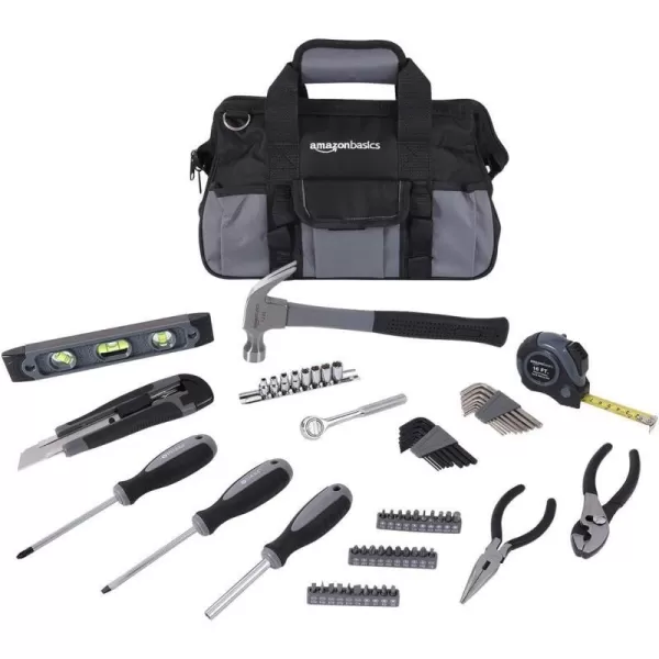 Amazon Basics 65 Piece Home Basic Repair Tool Kit Set With Bag Silver Black65Piece