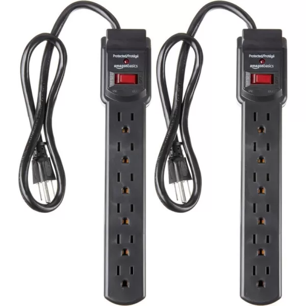 Amazon Basics 6Outlet 200 Joule Surge Protector Power Strip Pack of 2 Rectangle 2 Foot BlackBlack