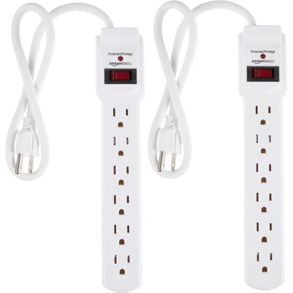 Amazon Basics 6Outlet 200 Joule Surge Protector Power Strip Pack of 2 Rectangle 2 Foot BlackWhite