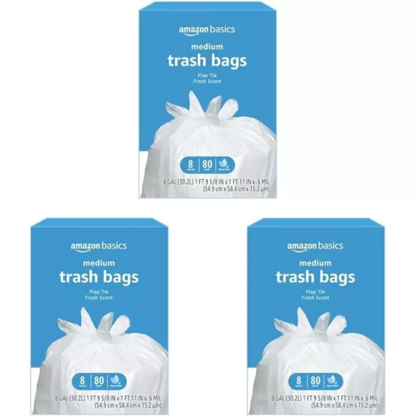 Amazon Basics 8 Gallon Flap Tie Trash Bags 80 Count Fresh Scent80 Count Pack of 3