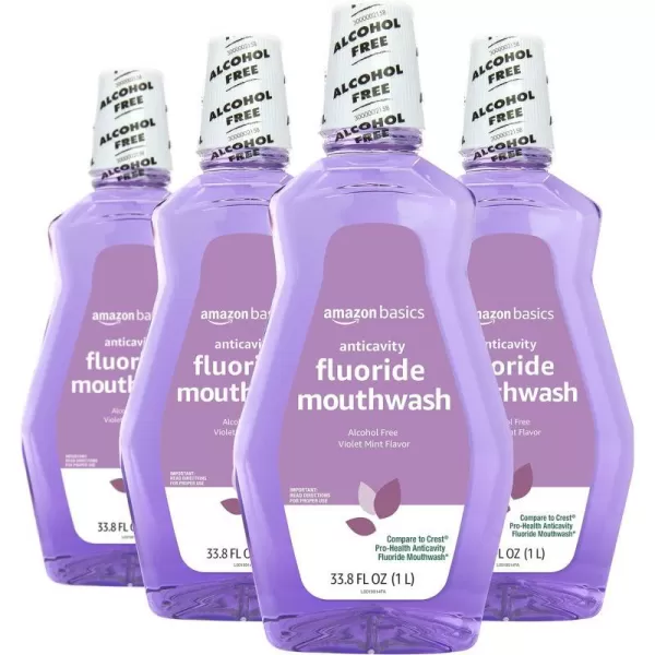 Amazon Basics Anticavity Fluoride Mouthwash Alcohol Free Violet Mint 1 Liter 338 Fluid Ounces 1Pack Previously Solimo338 Fl Oz Pack of 4