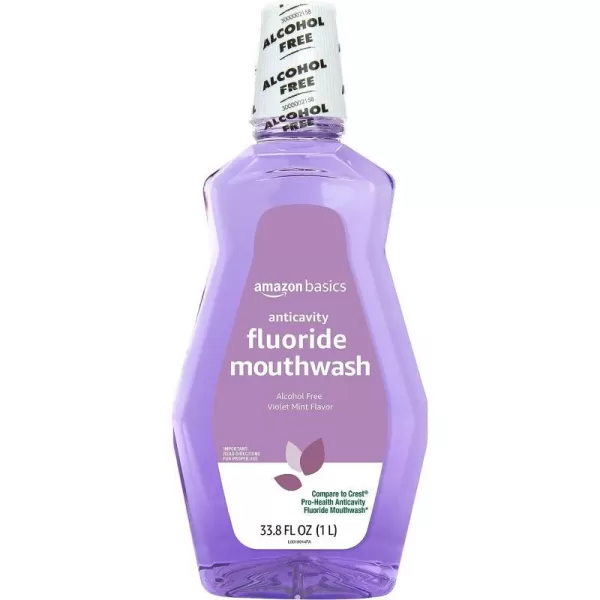 Amazon Basics Anticavity Fluoride Mouthwash Alcohol Free Violet Mint 1 Liter 338 Fluid Ounces 1Pack Previously Solimo3380 Fl Oz Pack of 1