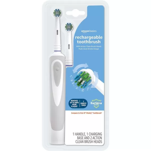 Amazon Basics Battery Powered Rechargeable Toothbrush with Action Clean Brush Heads and Charger 4 Piece Set WhiteAmazon Basics Battery Powered Rechargeable Toothbrush with Action Clean Brush Heads and Charger 4 Piece Set White