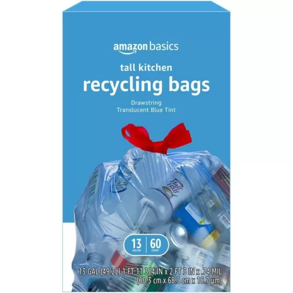 Amazon Basics Blue Recycling Trash Bags Unscented 13 Gallon 60 countAmazon Basics Blue Recycling Trash Bags Unscented 13 Gallon 60 count