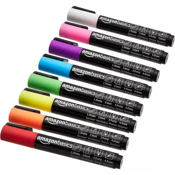 Amazon Basics BulletChisel Reversible Tip Chalk Markers Bold Point 8 Pack Bright ColorsBright Colors Bold Point