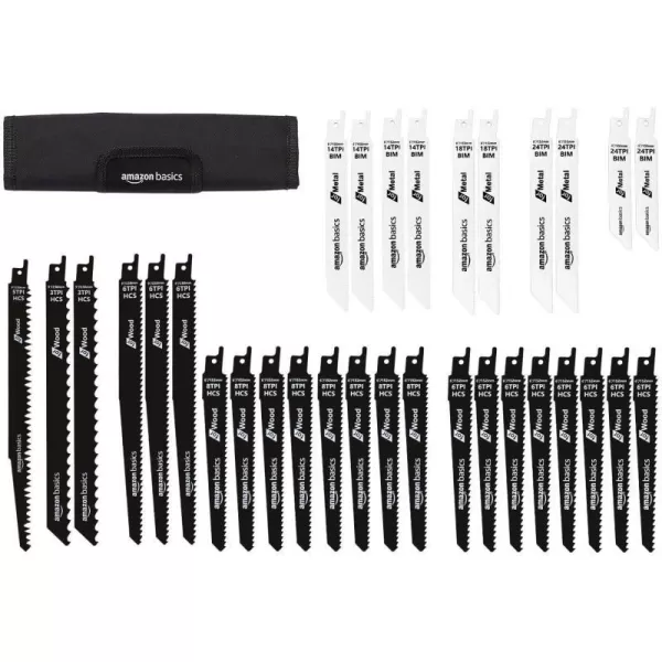 Amazon Basics Chromium Vanadium Steel Reciprocating Saw Blade Set with Organizer Pouch Compatible For Plastic 32Pieces White Black32Piece Set