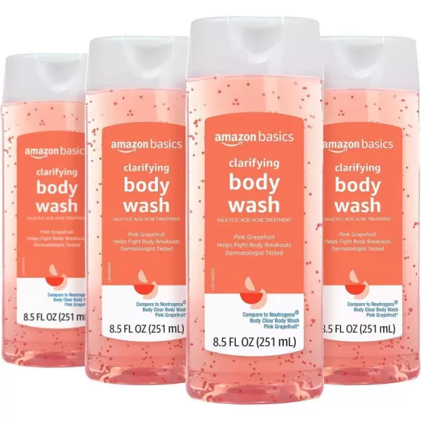 Amazon Basics Clarifying Pink Grapefruit Body Wash 2 Salicylic Acid Acne Treatment Dermatologist Tested 85 Fluid Ounces Pack of 1850 Fl Oz Pack of 4