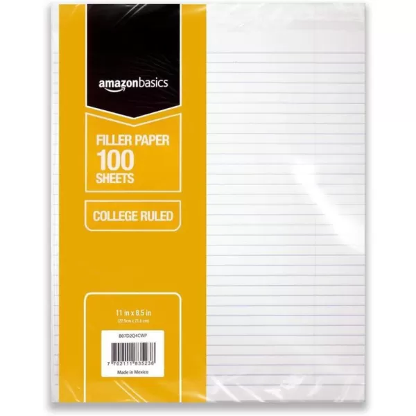 Amazon Basics College Ruled Loose Leaf Filler Paper 600 Count 6 Pack of 100 Sheets White 11 x 85 Inch200Sheet Filler Paper 6Pack