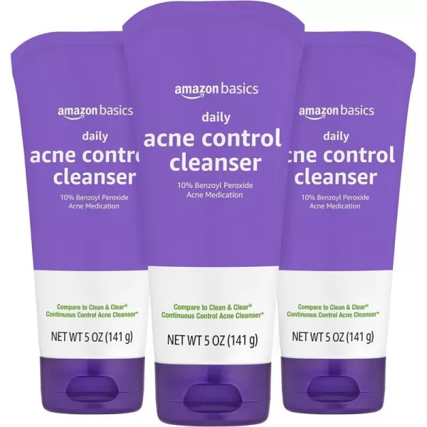 Amazon Basics Daily Acne Control Cleanser Maximum Strength 10 Benzoyl Peroxide Acne Medication Fragrance Free 5 Ounce500 Ounce Pack of 3