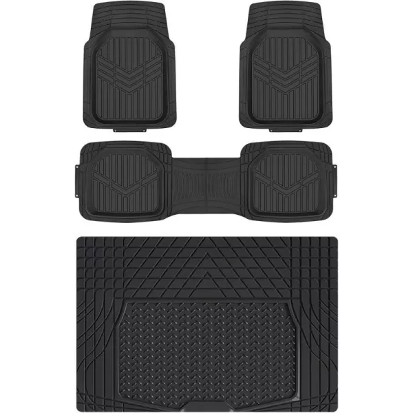 Amazon Basics Deep Dish Universal Heavy Duty PVC Faux Rubber Floor Mats Set 4piece with Cargo Liner AllWeather Protection waterproof Trim To Fit for Cars Automotive SUVs Sedan Trucks BlackBlack Thick Heavy Duty Rubber 4Piece