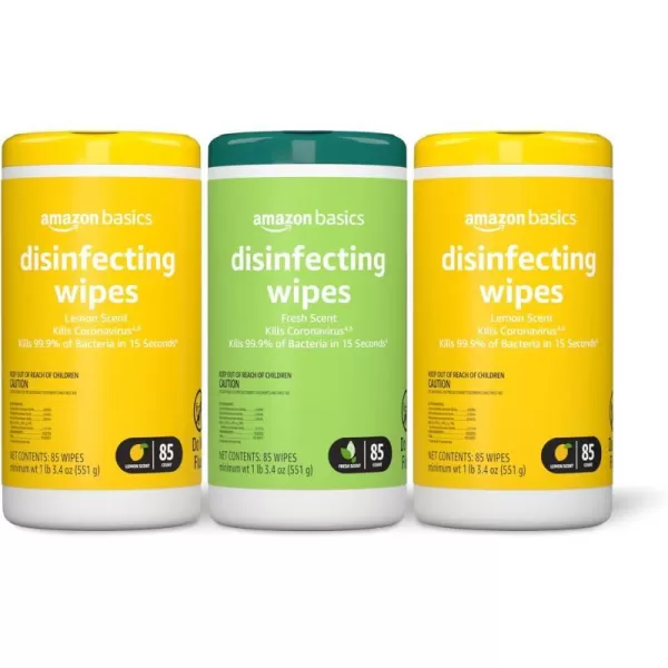 Amazon Basics Disinfecting Wipes Lemon amp Fresh Scent SanitizesCleansDisinfectsDeodorizes White 340 Count 4 Packs of 85 Previously Solimo85 Count Pack of 3 3 Pack2 Lemon 1 Fresh