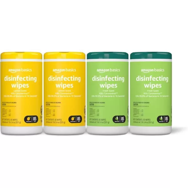 Amazon Basics Disinfecting Wipes Lemon amp Fresh Scent SanitizesCleansDisinfectsDeodorizes White 340 Count 4 Packs of 85 Previously Solimo85 Count Pack of 4 4Pack2 Lemon 2 Fresh