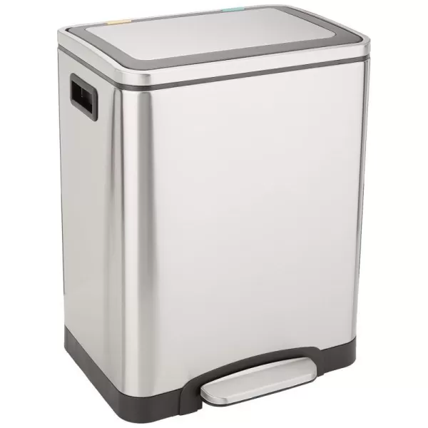Amazon Basics Dual Bin Rectangular Trash Can With SoftClose Foot Pedal 30Liter 2 x 15 Liter Interior Bins Brushed Stainless Steel Suitable for 1 or 2 People30Liter