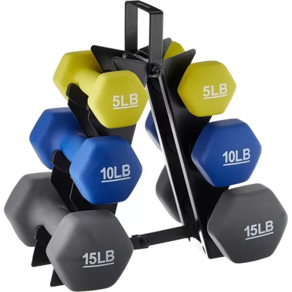 Amazon Basics Easy Grip Workout Dumbbell Neoprene Coated Various Sets and Weights availableRack with 3 Pairs  5 Lb 10 Lb 15 Lb