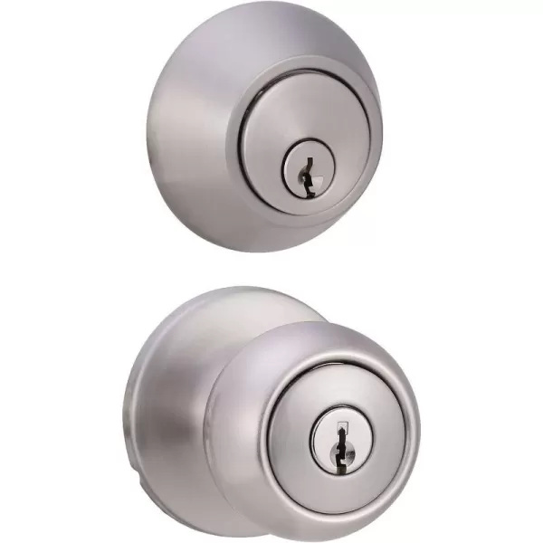 Amazon Basics Exterior Door Knob With Key Lock and Deadbolt Coastal Matte BlackSatin Nickel