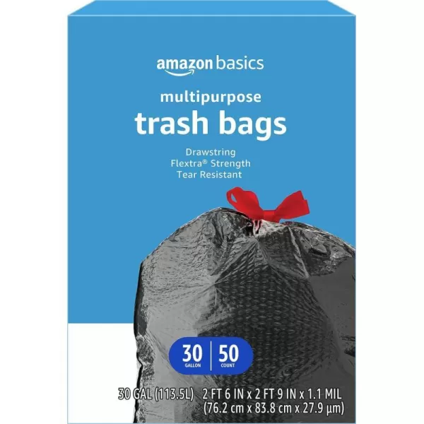 Amazon Basics Flextra Multipurpose Drawstring Trash Bags Unscented 30 Gallon 50 CountFlextra