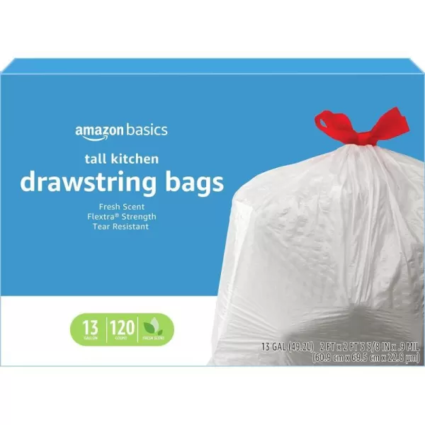 Amazon Basics Flextra Tall Kitchen Drawstring Trash Bags Fresh Scent 13 Gallon 120 CountFresh Scent 120 Count Pack of 1