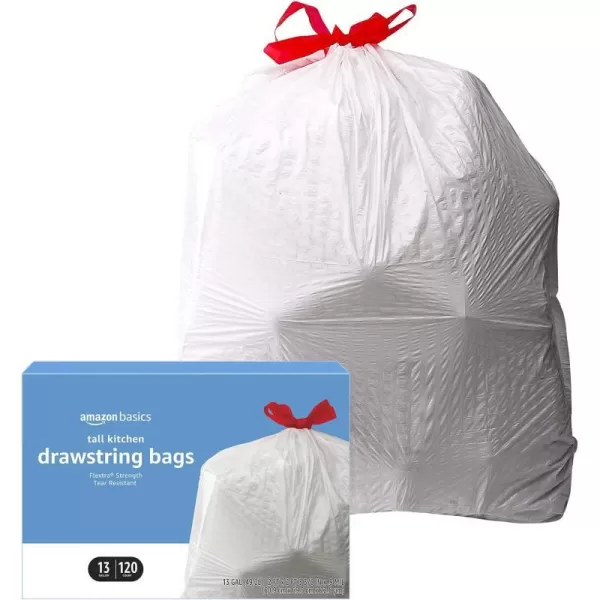 Amazon Basics Flextra Tall Kitchen Drawstring Trash Bags Fresh Scent 13 Gallon 120 CountUnscented 120 Count Pack of 1