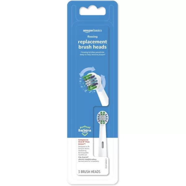 Amazon Basics Flossing Replacement Brush Heads 3 Count White Fits most OralB Electric Toothbrushes Previously Solimo3 Count Pack of 1