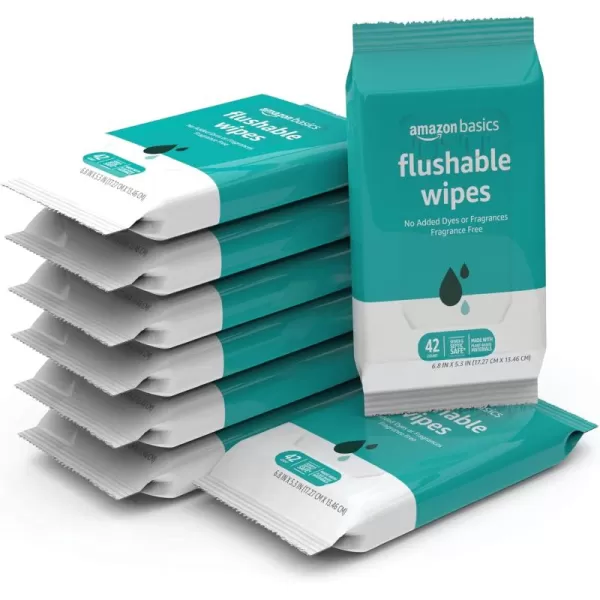 Amazon Basics Flushable Adult Toilet Wipes Fragrance Free 336 Count 8 Packs of 42 Previously Solimo42 Count Pack of 8