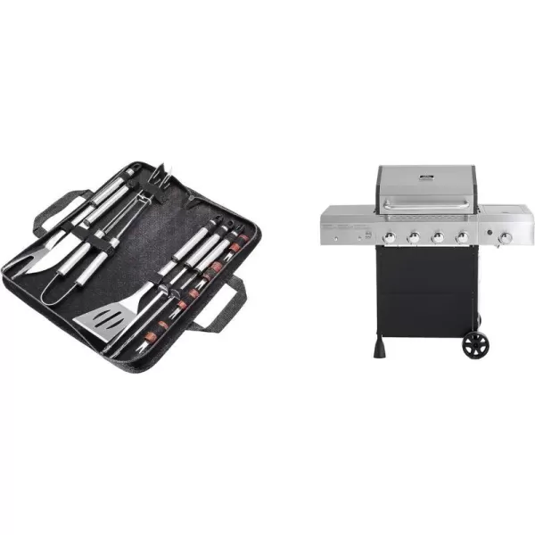 Amazon Basics Freestanding Gas Grill with Side Burner 4 Burner 52000 BTU11Piece Stainless Steel Barbeque Grilling Tool Set with Carry BagAmazon Basics Freestanding Gas Grill with Side Burner 4 Burner 52000 BTU11Piece Stainless Steel Barbeque Grilling Tool Set with Carry Bag