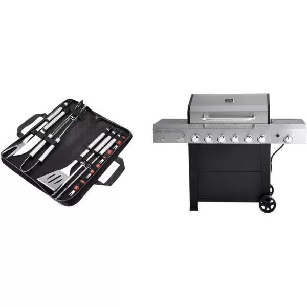 Amazon Basics Freestanding Gas Grill with Side Burner 6 Burner 66000 BTU11Piece Stainless Steel Barbeque Grilling Tool Set with Carry BagAmazon Basics Freestanding Gas Grill with Side Burner 6 Burner 66000 BTU11Piece Stainless Steel Barbeque Grilling Tool Set with Carry Bag