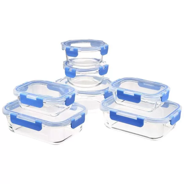 Amazon Basics Glass Food Storage Container with BPAFree Locking Lid  Set of 14 pieces clear with blue silicone ring14Piece Set