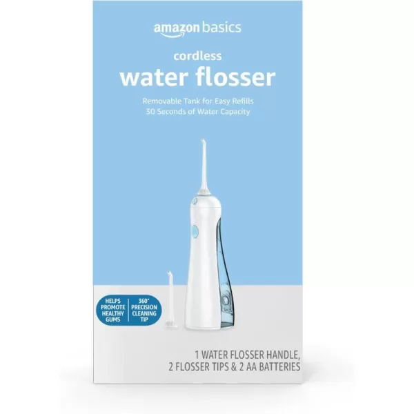 Amazon Basics HydroClean Cordless Water Flosser 1 Handle 2 Flosser Tips 2 AA batteries includedAmazon Basics HydroClean Cordless Water Flosser 1 Handle 2 Flosser Tips 2 AA batteries included