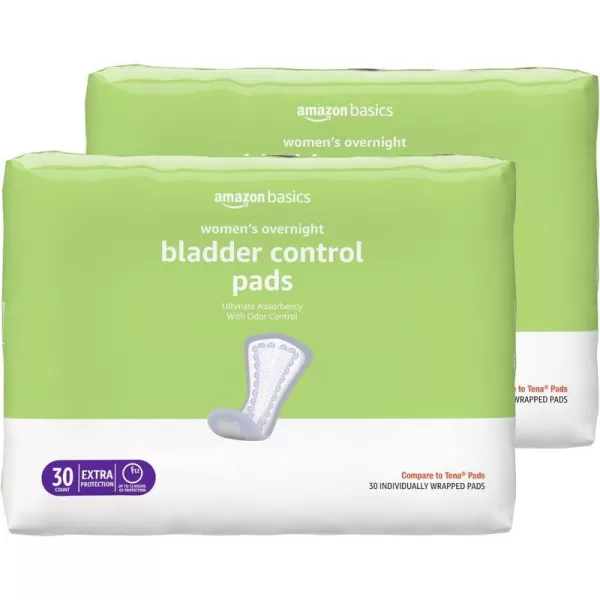 Amazon Basics Incontinence Bladder Control amp Postpartum Pads for Women Overnight Absorbency 60 Count 2 Packs of 30 Previously Solimo30 Count Pack of 2