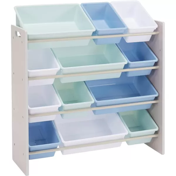 Amazon Basics Kids Toy Storage Organizer with 12 Plastic Bins Grey Wood with Blue Bins 109D x 336W x 311HGrey Wood With Blue Bins