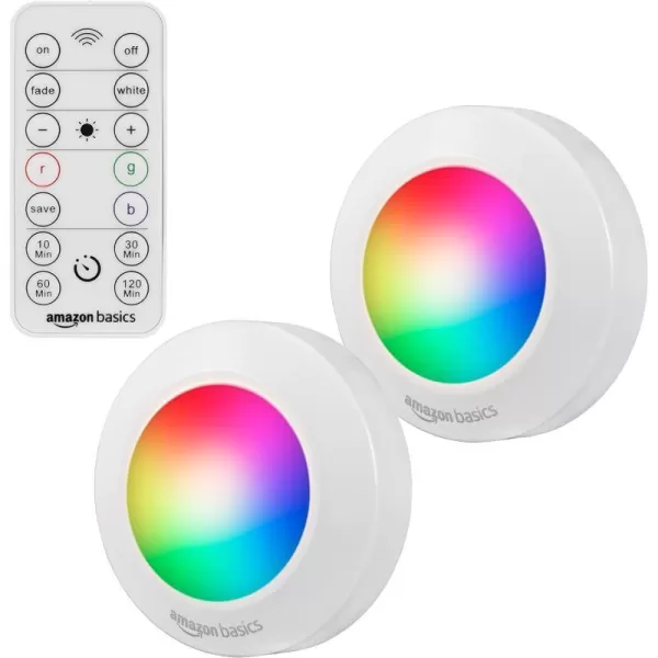 Amazon Basics LED Puck Lights Color Changing Battery Operated IR Remote 40 Lumens 2 Pack Wireless Lights Stick on Lights Under Cabinet Lighting Ideal for Closets and More WhiteAmazon Basics LED Puck Lights Color Changing Battery Operated IR Remote 40 Lumens 2 Pack Wireless Lights Stick on Lights Under Cabinet Lighting Ideal for Closets and More White