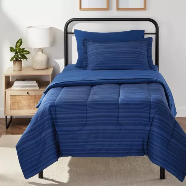 Amazon Basics Lightweight Microfiber BedinaBag Comforter 5Piece Bedding Set TwinTwin XL Navy with Simple PlaidBlue Calvin Striped TwinTwin XL